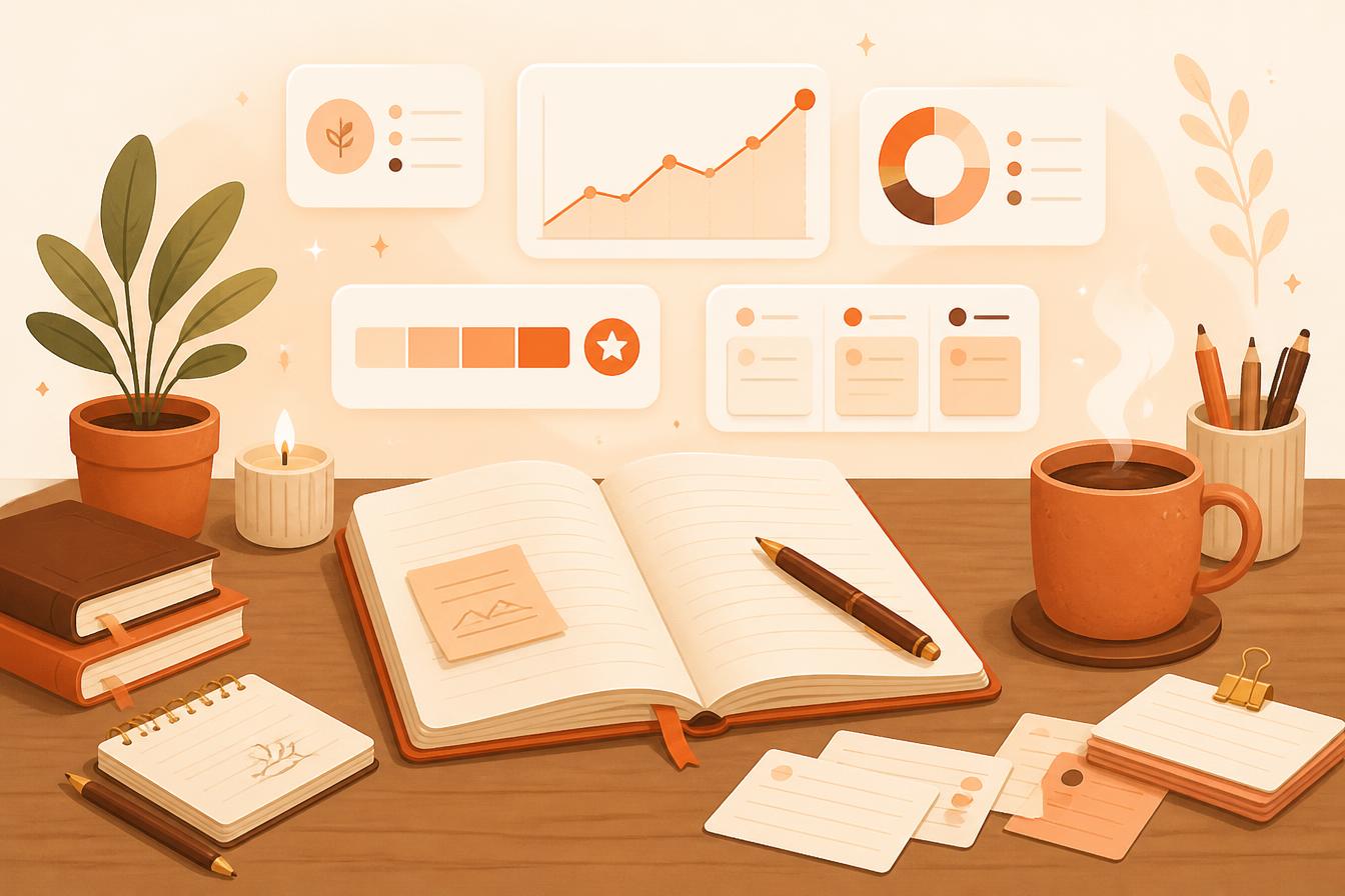 A cozy writer's desk with notebooks, coffee, and floating progress charts